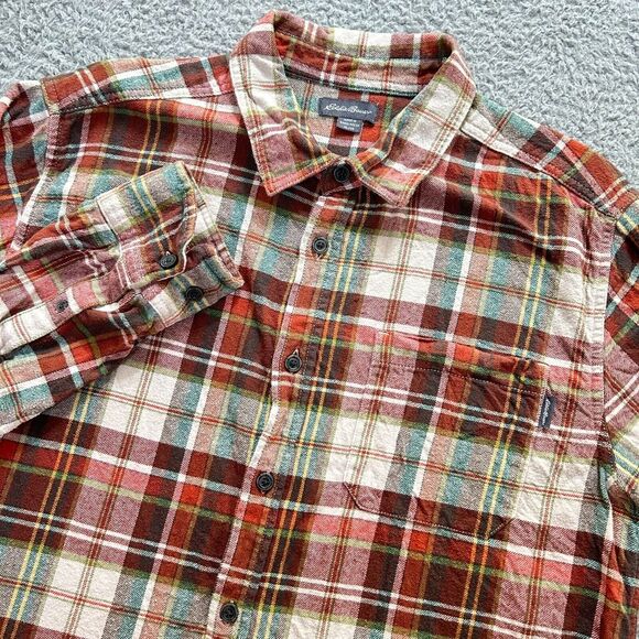 Eddie Bauer Shirt Mens XL Rusty Orange Multicolor Plaid Flannel Pocket - Picture 1 of 12
